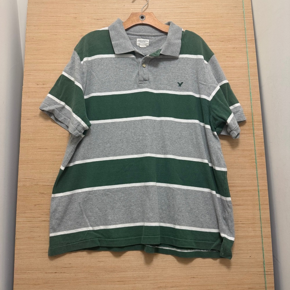 American Eagle Mens XL Polo Shirt Gray Green Striped Short Sleeve Logo‎ Jersey